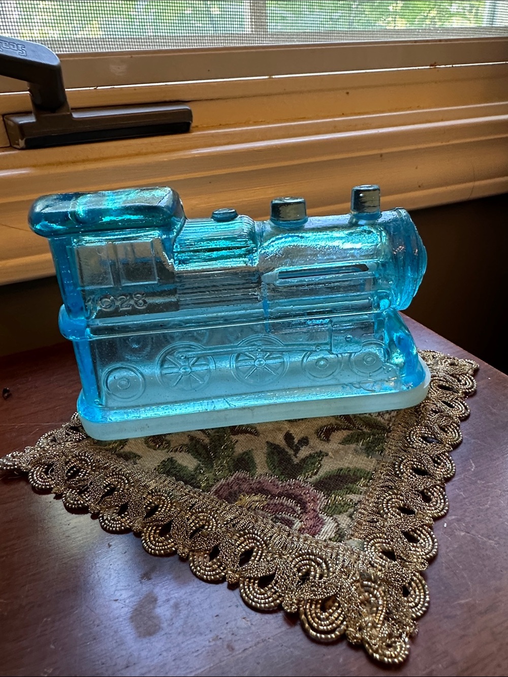 Victory Glass 1930-40s light blue pressed glass train engine candy holder